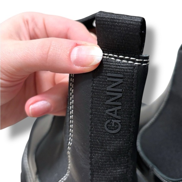 GANNI Cleated Mid Black Leather Lug Sole Chunky Pull on Chelsea Boots Size 12 - Picture 12 of 16